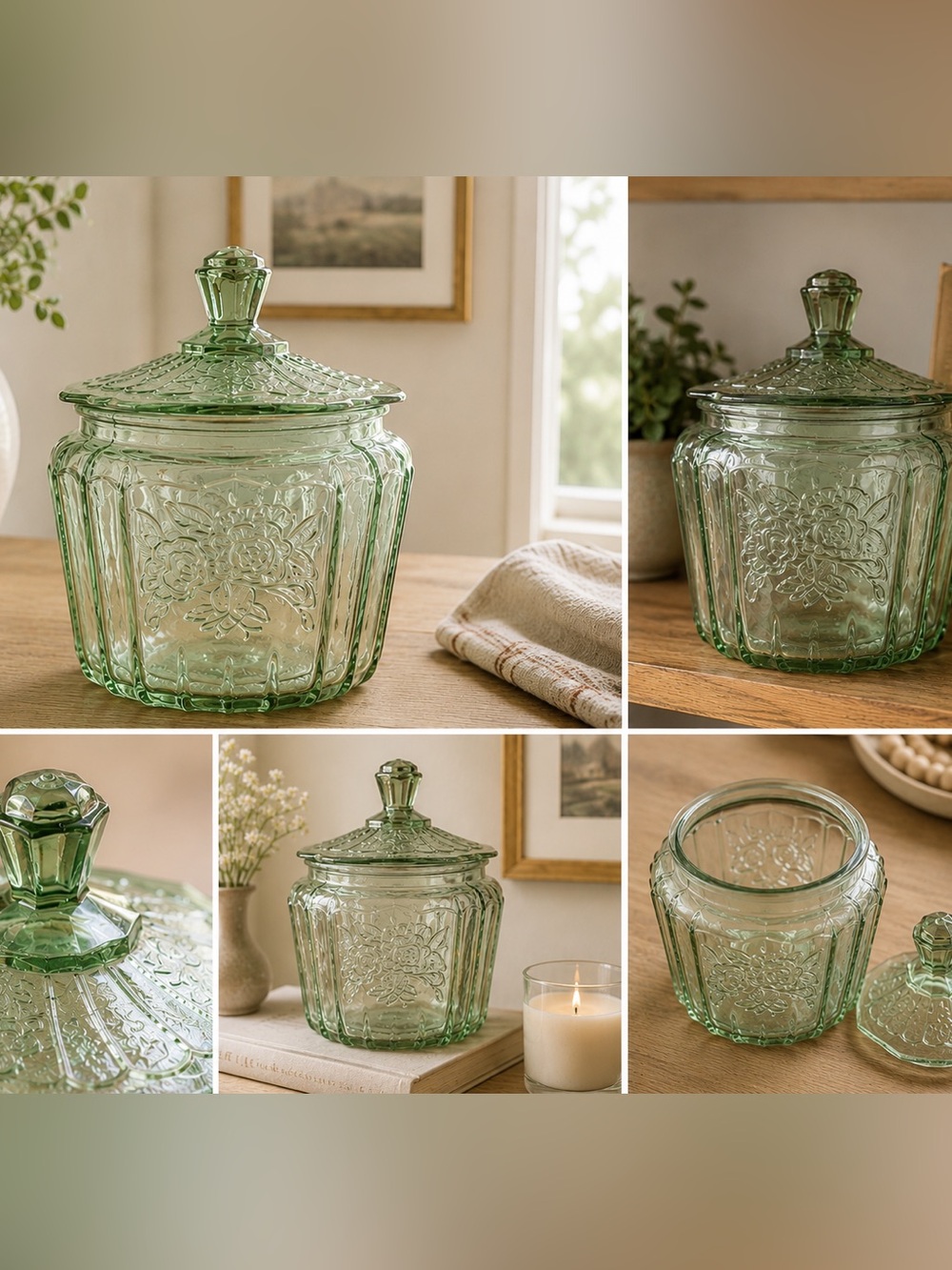 Green Pressed Glass Canister with Lid